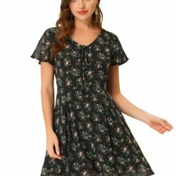 Allegra K Floral Lace-up V-neck Flouncing Sleeve Chiffon Dress Clothing 151 Allegra K Floral Lace-up V-neck Flouncing Sleeve Chiffon Dress Clothing