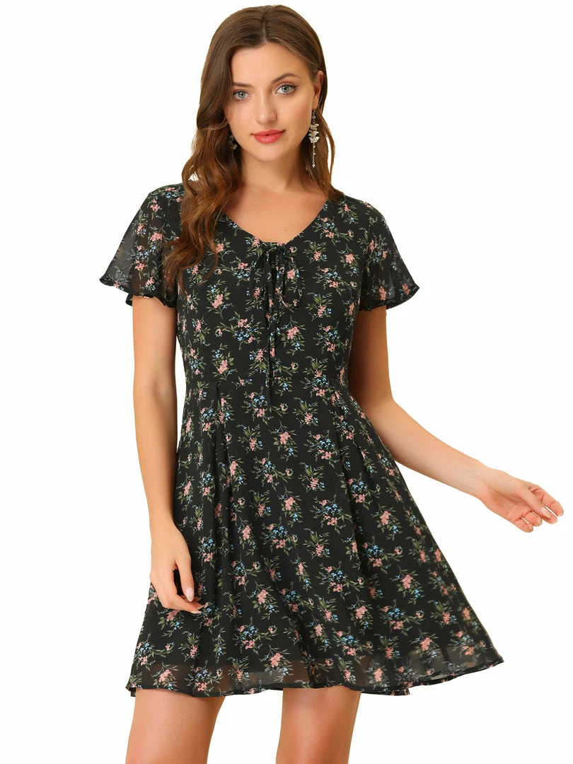 Allegra K Floral Lace-up V-neck Flouncing Sleeve Chiffon Dress Clothing 75 Allegra K Floral Lace-up V-neck Flouncing Sleeve Chiffon Dress Clothing