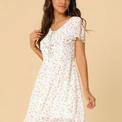 Allegra K Floral Lace-up V-neck Flouncing Sleeve Chiffon Dress Clothing 140 Allegra K Floral Lace-up V-neck Flouncing Sleeve Chiffon Dress Clothing