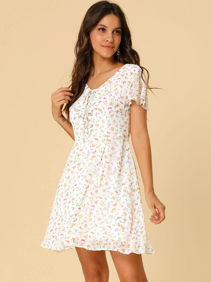 Allegra K Floral Lace-up V-neck Flouncing Sleeve Chiffon Dress Clothing 64 Allegra K Floral Lace-up V-neck Flouncing Sleeve Chiffon Dress Clothing