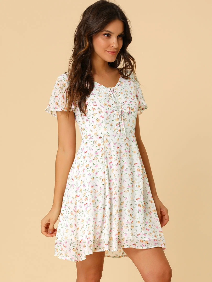 Allegra K Floral Lace-up V-neck Flouncing Sleeve Chiffon Dress Clothing 65 Allegra K Floral Lace-up V-neck Flouncing Sleeve Chiffon Dress Clothing