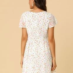 Allegra K Floral Lace-up V-neck Flouncing Sleeve Chiffon Dress Clothing 143 Allegra K Floral Lace-up V-neck Flouncing Sleeve Chiffon Dress Clothing