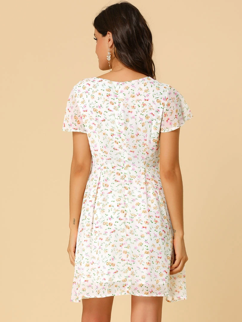 Allegra K Floral Lace-up V-neck Flouncing Sleeve Chiffon Dress Clothing 67 Allegra K Floral Lace-up V-neck Flouncing Sleeve Chiffon Dress Clothing