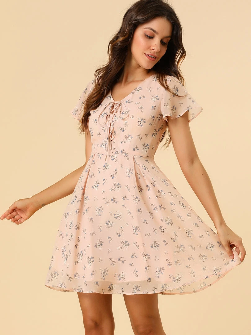 Allegra K Floral Lace-up V-neck Flouncing Sleeve Chiffon Dress Clothing 58 Allegra K Floral Lace-up V-neck Flouncing Sleeve Chiffon Dress Clothing
