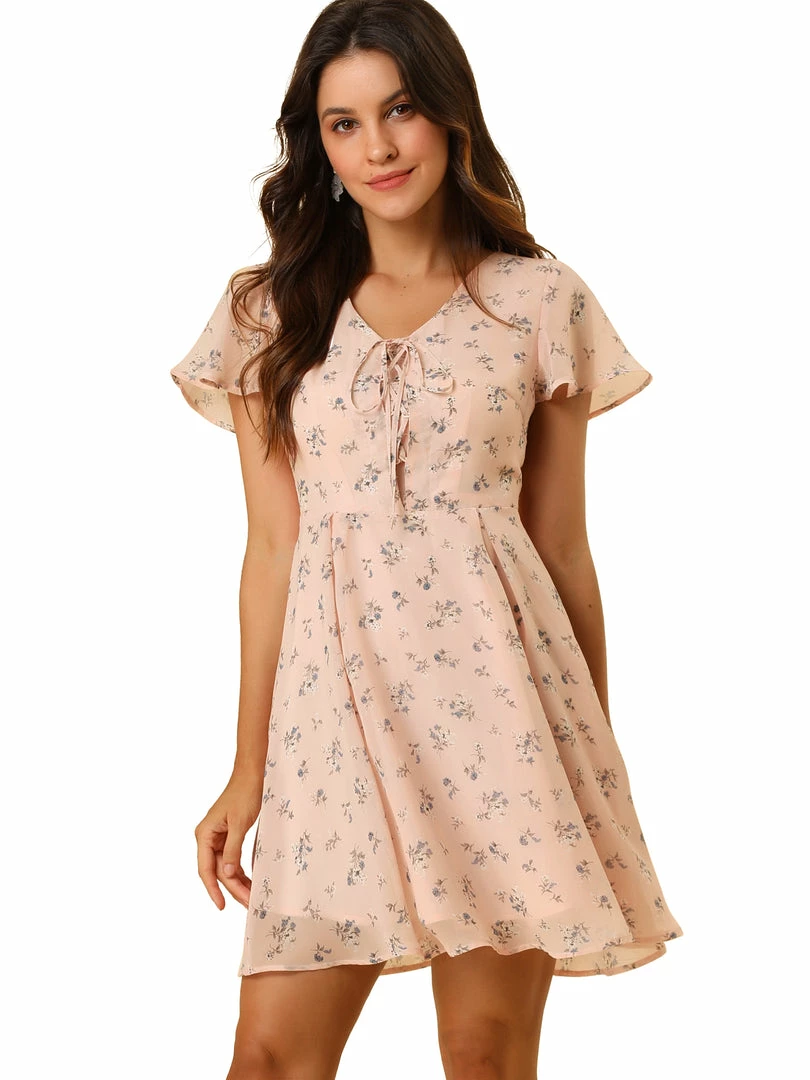 Allegra K Floral Lace-up V-neck Flouncing Sleeve Chiffon Dress Clothing 57 Allegra K Floral Lace-up V-neck Flouncing Sleeve Chiffon Dress Clothing