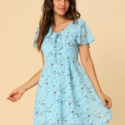Allegra K Floral Lace-up V-neck Flouncing Sleeve Chiffon Dress Clothing 146 Allegra K Floral Lace-up V-neck Flouncing Sleeve Chiffon Dress Clothing