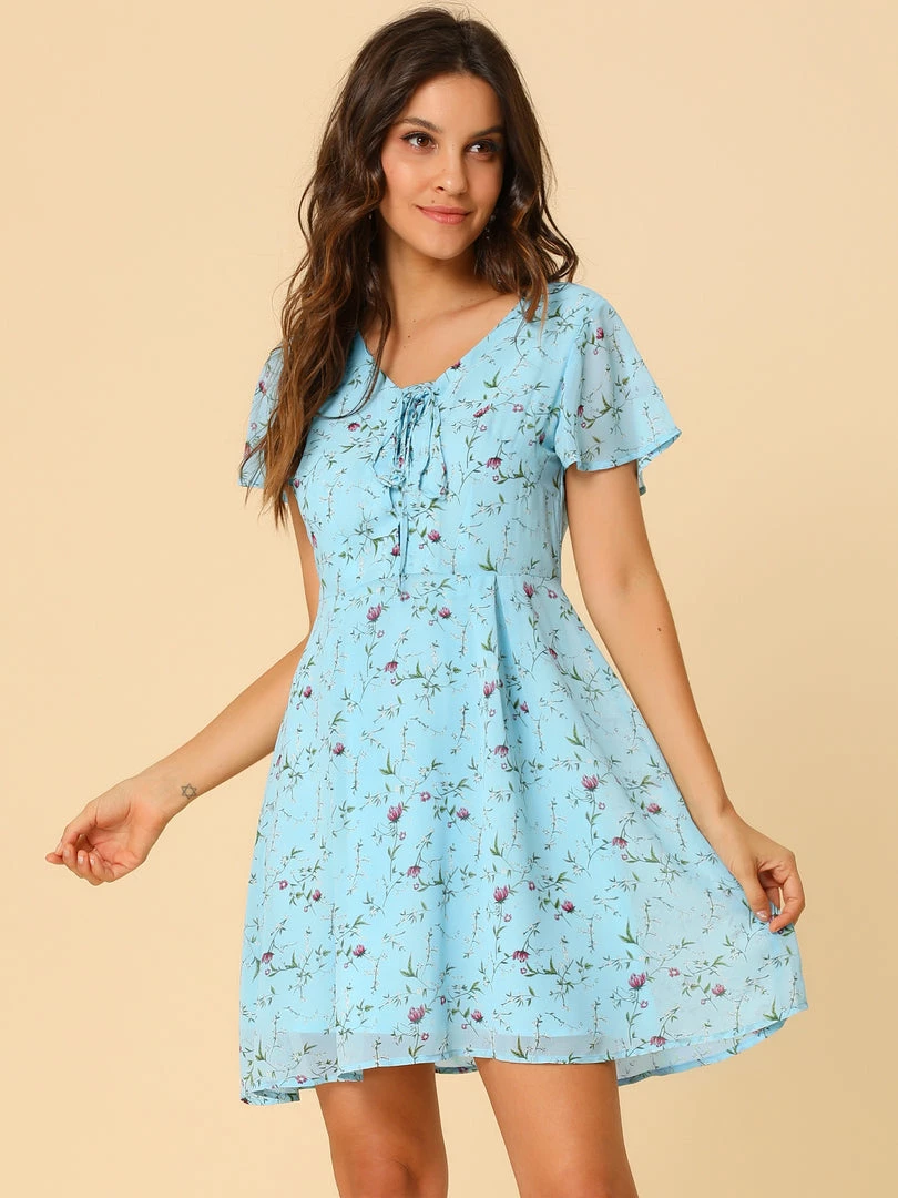 Allegra K Floral Lace-up V-neck Flouncing Sleeve Chiffon Dress Clothing 70 Allegra K Floral Lace-up V-neck Flouncing Sleeve Chiffon Dress Clothing