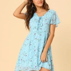 Allegra K Floral Lace-up V-neck Flouncing Sleeve Chiffon Dress Clothing 147 Allegra K Floral Lace-up V-neck Flouncing Sleeve Chiffon Dress Clothing