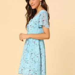 Allegra K Floral Lace-up V-neck Flouncing Sleeve Chiffon Dress Clothing 148 Allegra K Floral Lace-up V-neck Flouncing Sleeve Chiffon Dress Clothing