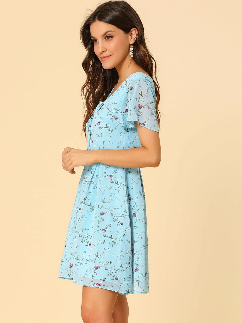 Allegra K Floral Lace-up V-neck Flouncing Sleeve Chiffon Dress Clothing 72 Allegra K Floral Lace-up V-neck Flouncing Sleeve Chiffon Dress Clothing