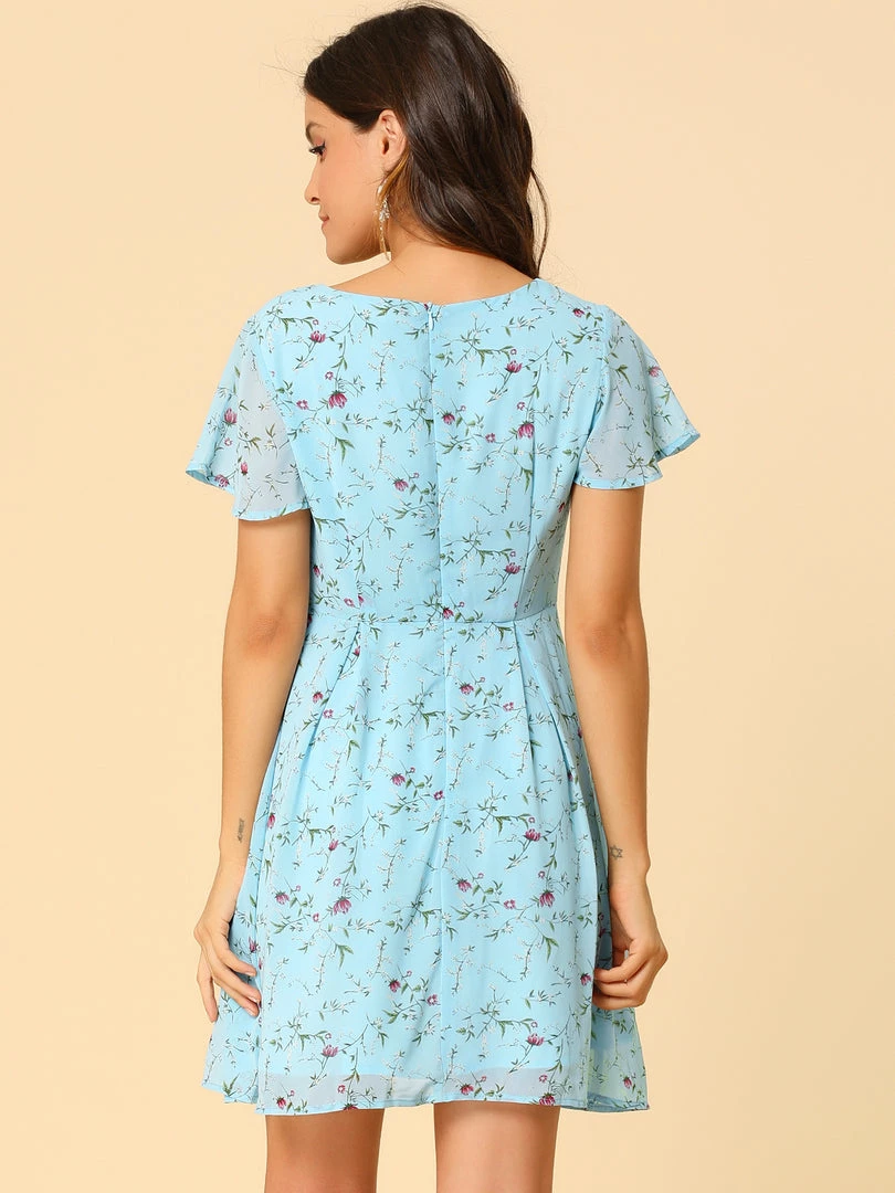Allegra K Floral Lace-up V-neck Flouncing Sleeve Chiffon Dress Clothing 73 Allegra K Floral Lace-up V-neck Flouncing Sleeve Chiffon Dress Clothing