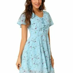 Allegra K Floral Lace-up V-neck Flouncing Sleeve Chiffon Dress Clothing 145 Allegra K Floral Lace-up V-neck Flouncing Sleeve Chiffon Dress Clothing