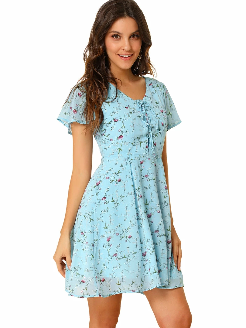 Allegra K Floral Lace-up V-neck Flouncing Sleeve Chiffon Dress Clothing 69 Allegra K Floral Lace-up V-neck Flouncing Sleeve Chiffon Dress Clothing