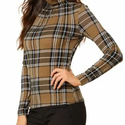 Allegra K Women's Turtleneck Long Sleeve Slim Plaid Shirt Blouse