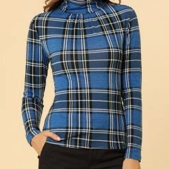 Allegra K Women's Turtleneck Long Sleeve Slim Plaid Shirt Blouse