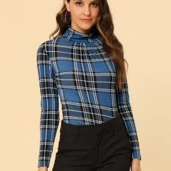 Allegra K Women's Turtleneck Long Sleeve Slim Plaid Shirt Blouse