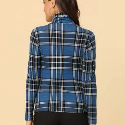Allegra K Women's Turtleneck Long Sleeve Slim Plaid Shirt Blouse