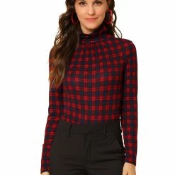 Allegra K Women's Turtleneck Long Sleeve Slim Plaid Shirt Blouse