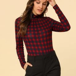 Allegra K Women's Turtleneck Long Sleeve Slim Plaid Shirt Blouse