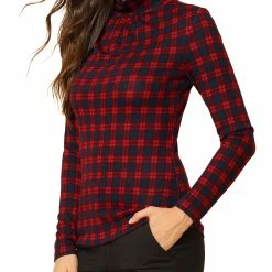 Allegra K Women's Turtleneck Long Sleeve Slim Plaid Shirt Blouse