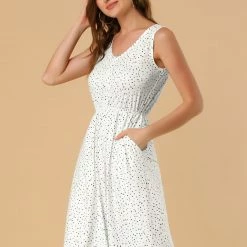 Allegra K Women's Midi Polka Dots V-Neck Tie Waist Dress