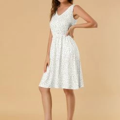 Allegra K Women's Midi Polka Dots V-Neck Tie Waist Dress