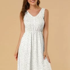 Allegra K Women's Midi Polka Dots V-Neck Tie Waist Dress