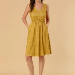 Allegra K Women's Midi Polka Dots V-Neck Tie Waist Dress