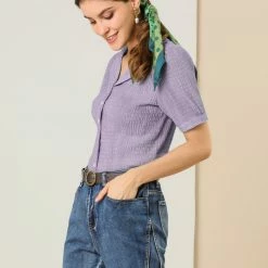 Allegra K Women's Camp Collar Button Front Textured Short Bubble Sleeve Shirt