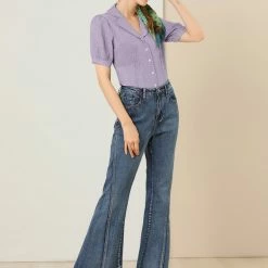 Allegra K Women's Camp Collar Button Front Textured Short Bubble Sleeve Shirt