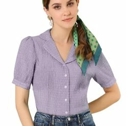 Allegra K Women's Camp Collar Button Front Textured Short Bubble Sleeve Shirt