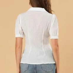 Allegra K Women's Camp Collar Button Front Textured Short Bubble Sleeve Shirt