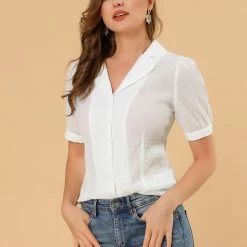 Allegra K Women's Camp Collar Button Front Textured Short Bubble Sleeve Shirt