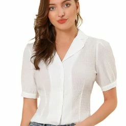 Allegra K Women's Camp Collar Button Front Textured Short Bubble Sleeve Shirt