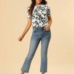 Allegra K Women's Ruffle Tie V Neck Casual Smocked Short Sleeve Floral Top Blouse