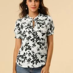 Allegra K Women's Ruffle Tie V Neck Casual Smocked Short Sleeve Floral Top Blouse