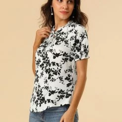 Allegra K Women's Ruffle Tie V Neck Casual Smocked Short Sleeve Floral Top Blouse