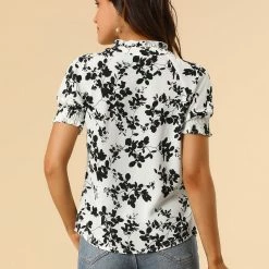 Allegra K Women's Ruffle Tie V Neck Casual Smocked Short Sleeve Floral Top Blouse