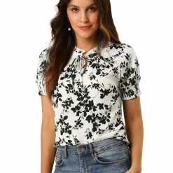 Allegra K Women's Ruffle Tie V Neck Casual Smocked Short Sleeve Floral Top Blouse