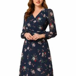 Allegra K Women's Boho Floral V Neck Bishop Long Sleeve Beach Below The Knee Wrap Dress