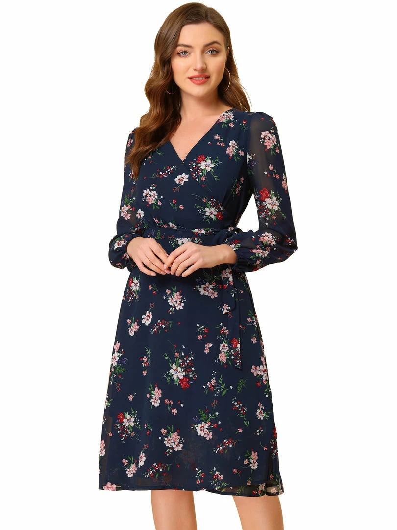 Allegra K Women's Boho Floral V Neck Bishop Long Sleeve Beach Below The Knee Wrap Dress 4 Allegra K Women's Boho Floral V Neck Bishop Long Sleeve Beach Below The Knee Wrap Dress