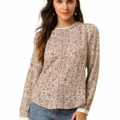 Allegra K Women's Vintage Puff Sleeve Button Down Back Contrast Color Floral Printed Blouse Top