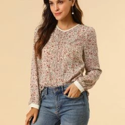 Allegra K Women's Vintage Puff Sleeve Button Down Back Contrast Color Floral Printed Blouse Top