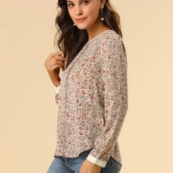 Allegra K Women's Vintage Puff Sleeve Button Down Back Contrast Color Floral Printed Blouse Top