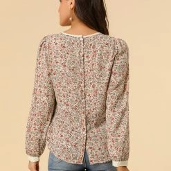 Allegra K Women's Vintage Puff Sleeve Button Down Back Contrast Color Floral Printed Blouse Top