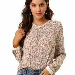 Allegra K Women's Vintage Puff Sleeve Button Down Back Contrast Color Floral Printed Blouse Top