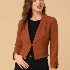 Allegra K Women's Notched Lapel Ruched Sleeve Jackets Business Crop Blazer