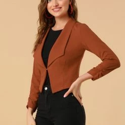 Allegra K Women's Notched Lapel Ruched Sleeve Jackets Business Crop Blazer