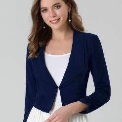 Allegra K Women's Notched Lapel Ruched Sleeve Jackets Business Crop Blazer