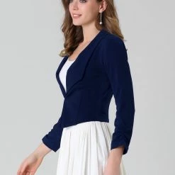 Allegra K Women's Notched Lapel Ruched Sleeve Jackets Business Crop Blazer
